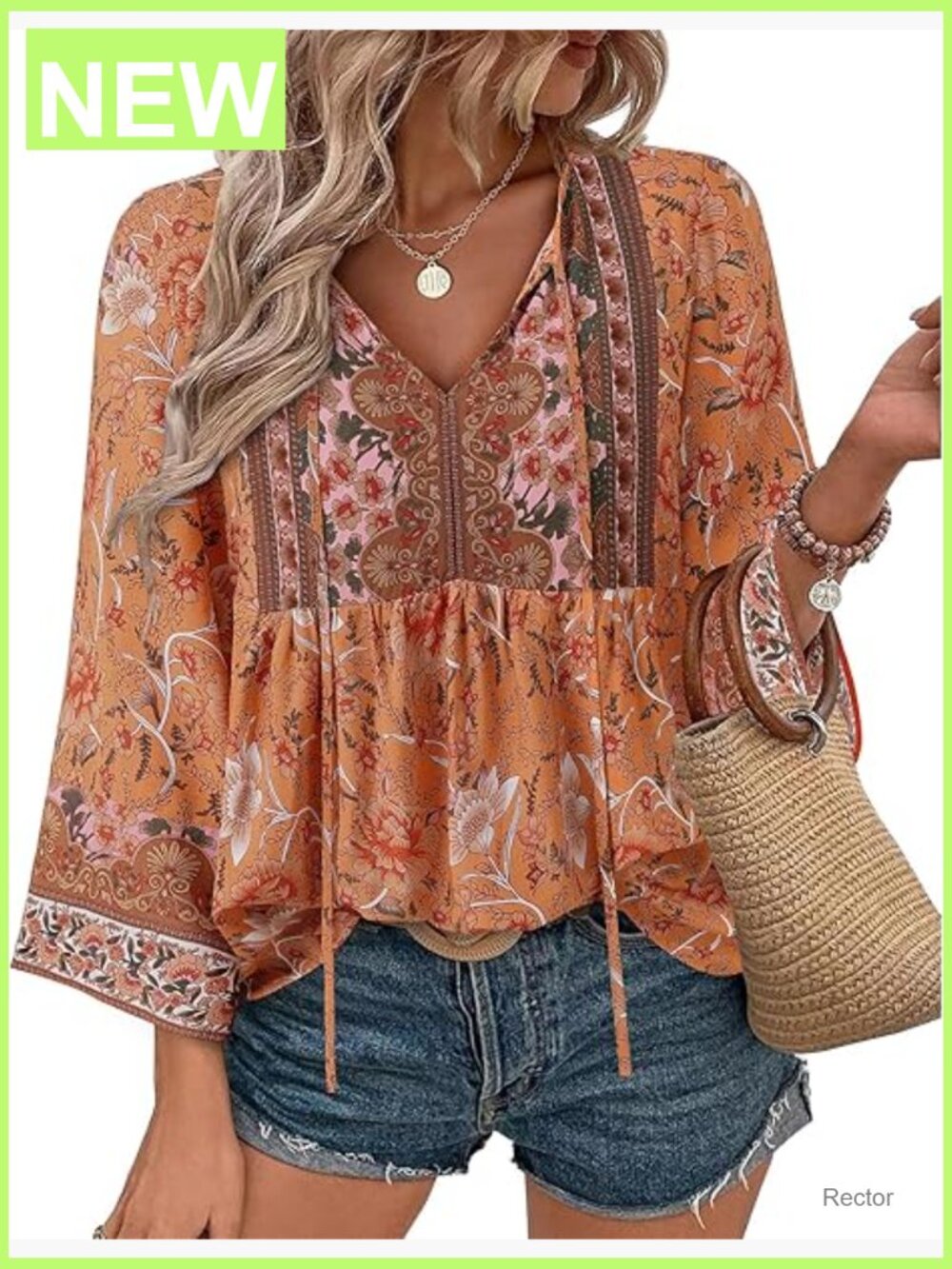 Boho Floral V-Neck Tie Front Blouse 3/4 Sleeve